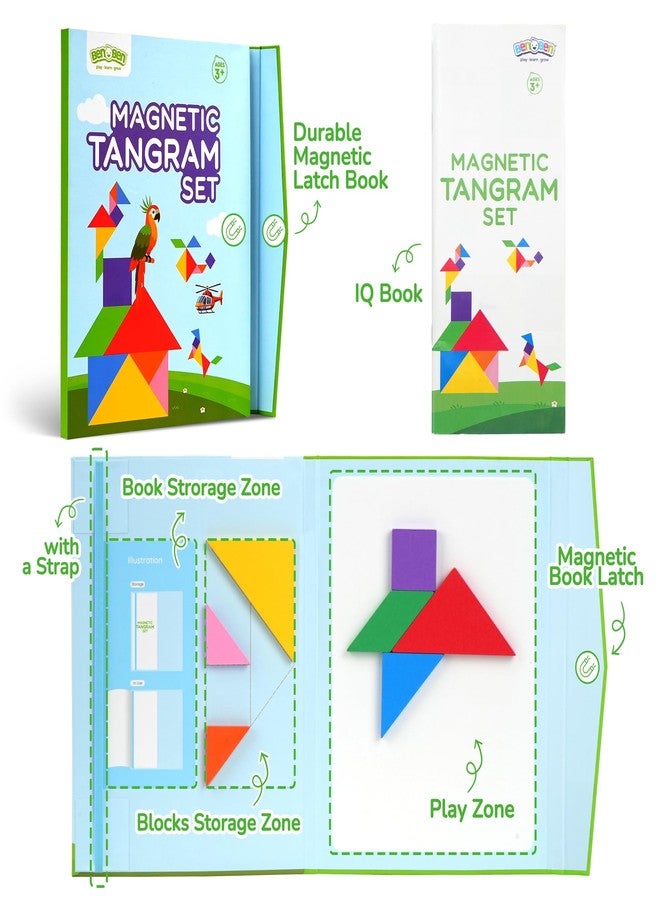 BenBen Travel Tangram Puzzle with Magnetic Wooden Shapes, Extra Large Dual-Sided Magnet Surface, Color Pattern IQ Book, Road Trip Car Plane Game, Educational STEM Travel Toys for Kids Adults - Image 2